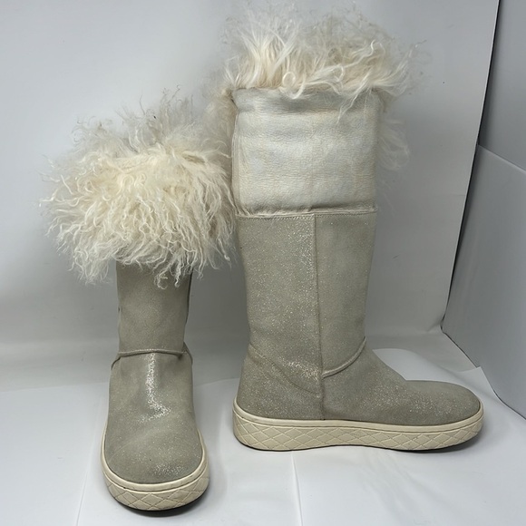 Moncler Sz 38 Gray Metallic Shimmer Suede Beige Curly Lamb Boots - Picture 4 of 12